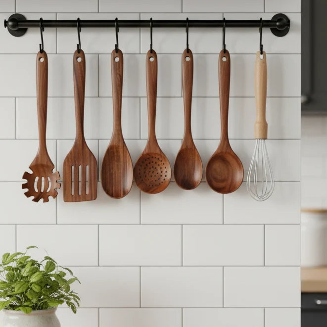 Wooden Utensil Set Teak Hardwood 10-Piece Cookware-Safe