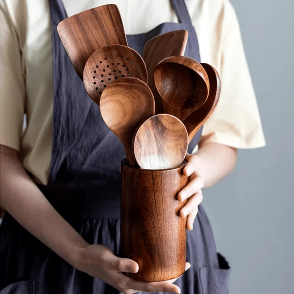 Wooden Utensil Set Teak Hardwood 10-Piece Cookware-Safe