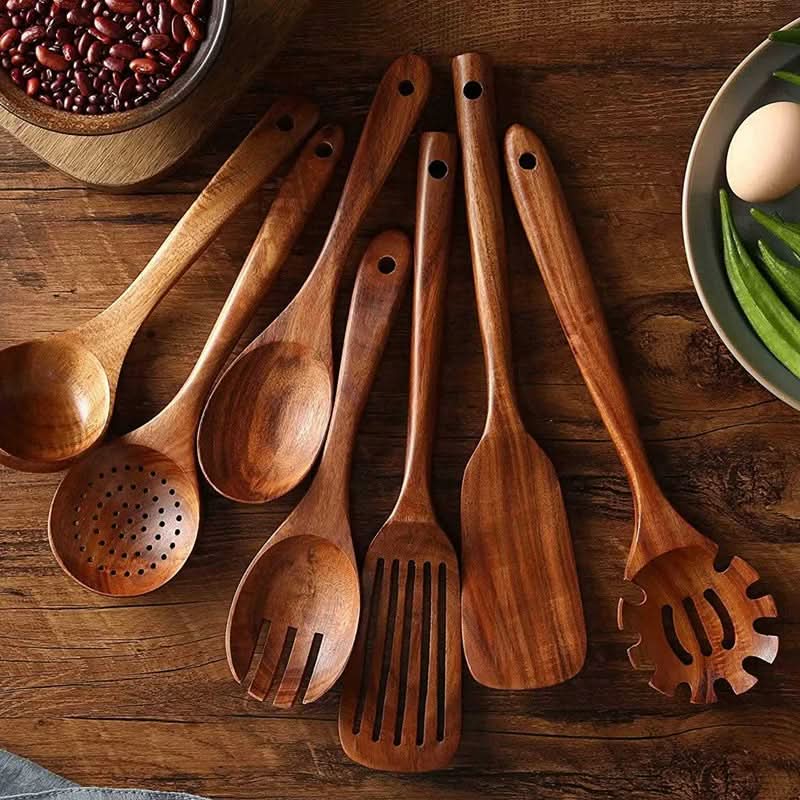 Wooden Utensil Set Teak Hardwood 10-Piece Cookware-Safe