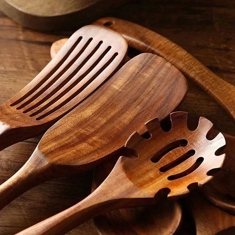 Wooden Utensil Set Teak Hardwood 10-Piece Cookware-Safe