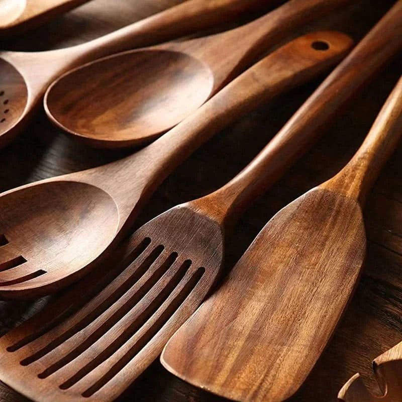 Wooden Utensil Set Teak Hardwood 10-Piece Cookware-Safe