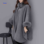 Wool Blend Cape Faux Fur Collar A-Line Three-Quarter Sleeves