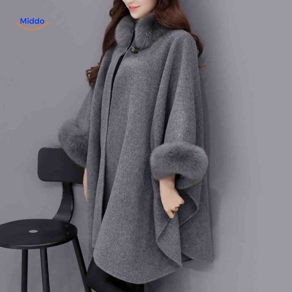 Wool Blend Cape Faux Fur Collar A-Line Three-Quarter Sleeves