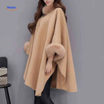 Wool Blend Cape Faux Fur Collar A-Line Three-Quarter Sleeves