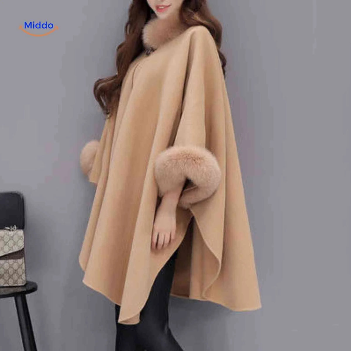Wool Blend Cape Faux Fur Collar A-Line Three-Quarter Sleeves