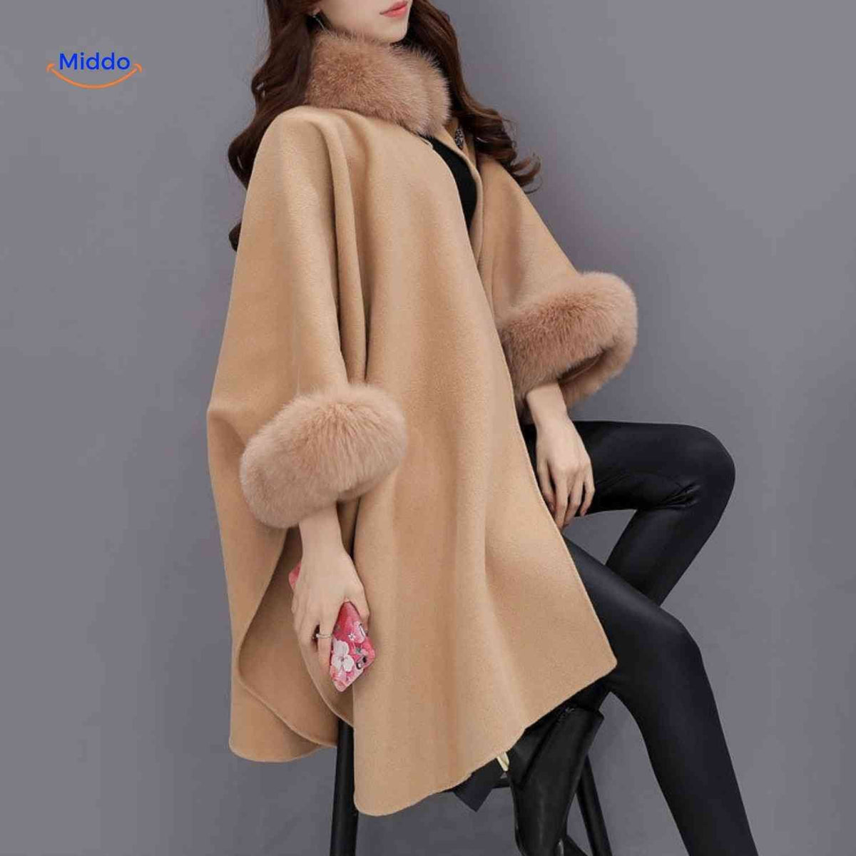 Wool Blend Cape Faux Fur Collar A-Line Three-Quarter Sleeves