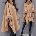 Wool Blend Cape Faux Fur Collar A-Line Three-Quarter Sleeves