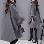 Wool Blend Cape Faux Fur Collar A-Line Three-Quarter Sleeves