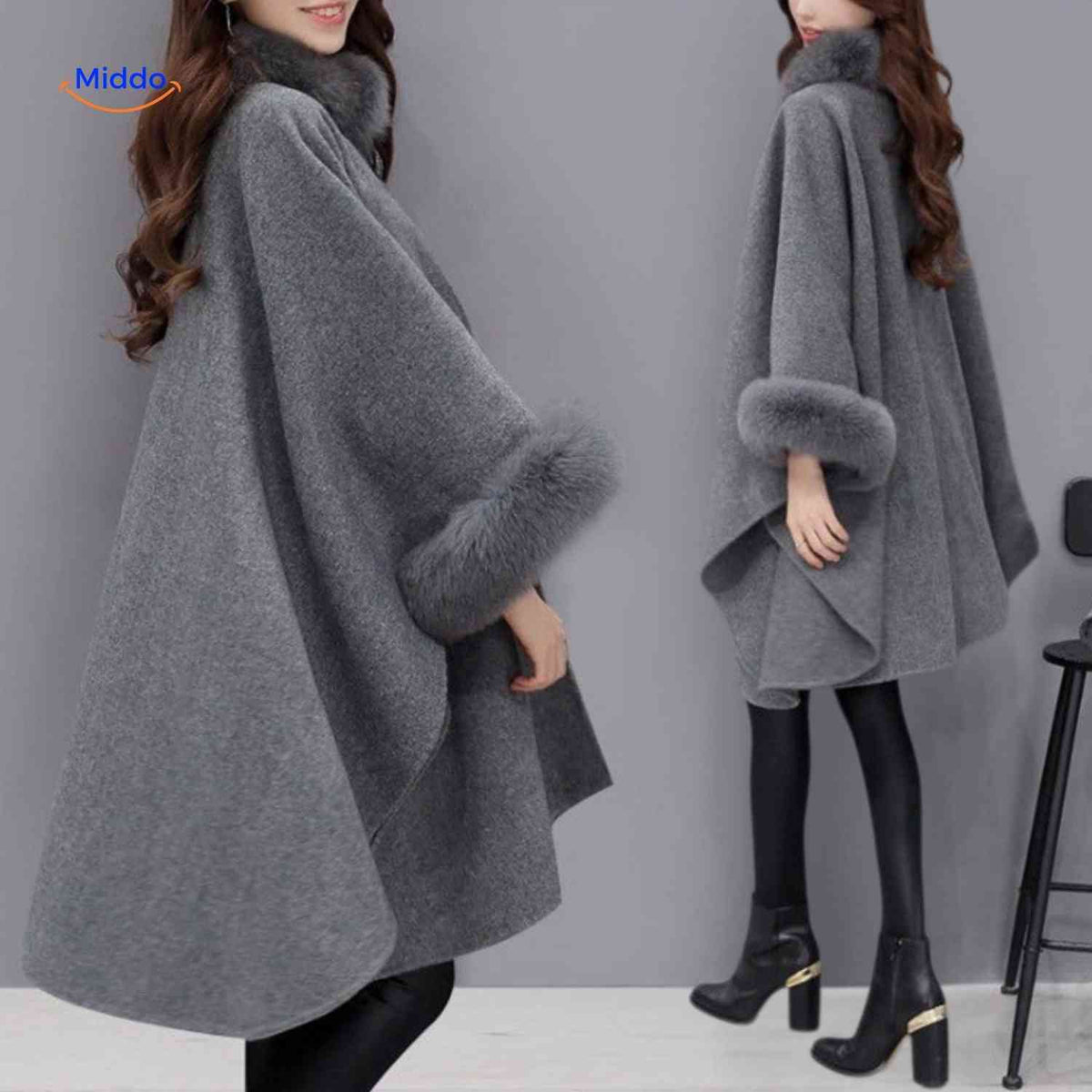 Wool Blend Cape Faux Fur Collar A-Line Three-Quarter Sleeves