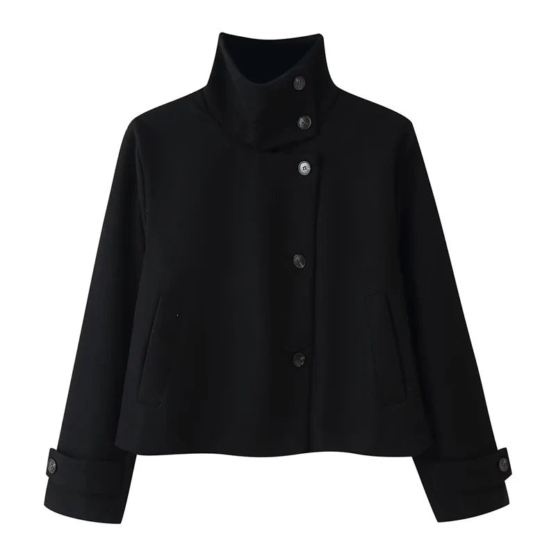 Wool Blend Jacket Cropped Boxy Fit Stand-Up Collar