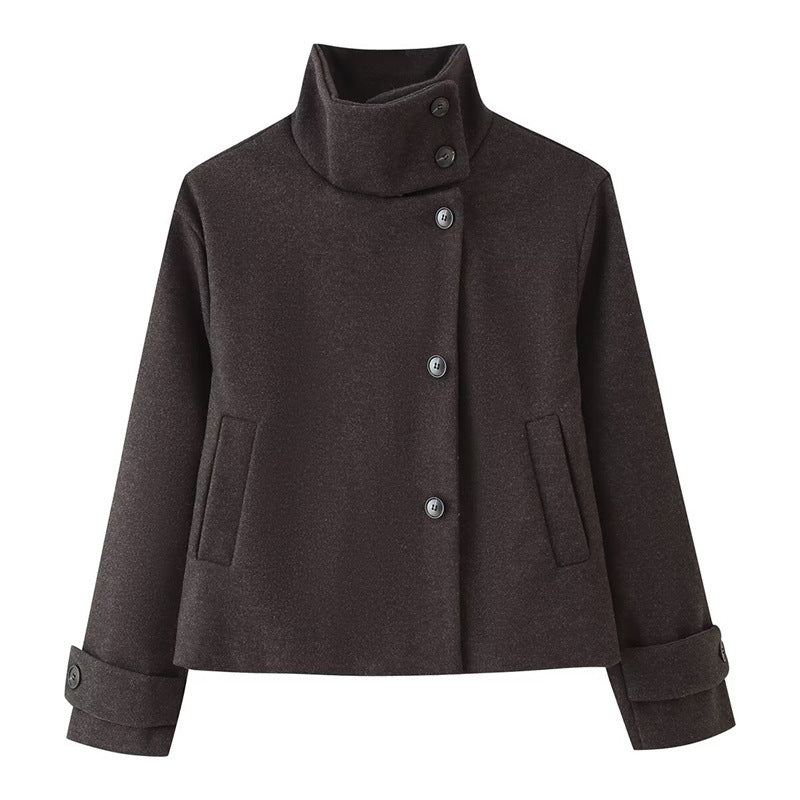 Wool Blend Jacket Cropped Boxy Fit Stand-Up Collar