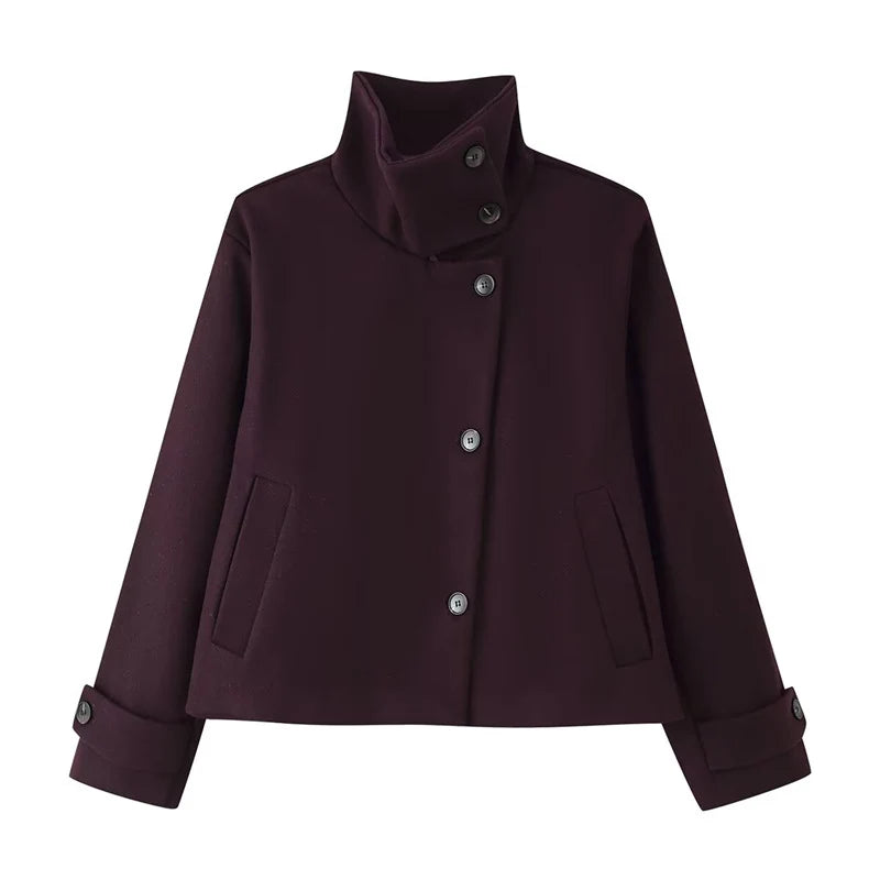 Wool Blend Jacket Cropped Boxy Fit Stand-Up Collar
