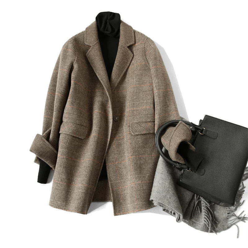 Wool Coat Checked Pattern Notched Collar Button Front