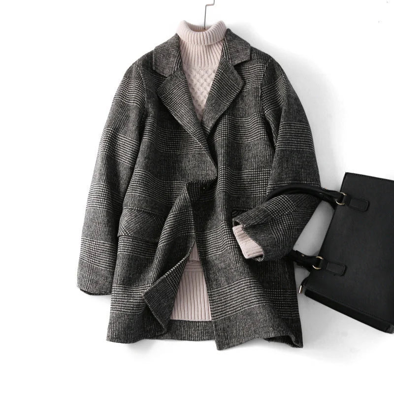 Wool Coat Checked Pattern Notched Collar Button Front