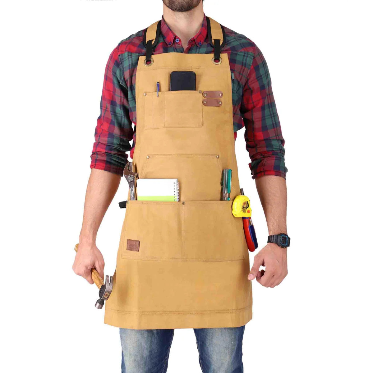 Work Apron Waxed Canvas Multiple Pockets Cross-Back Straps