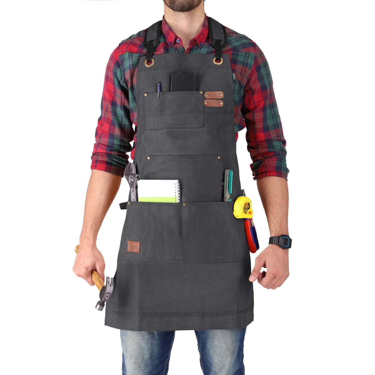 Work Apron Waxed Canvas Multiple Pockets Cross-Back Straps