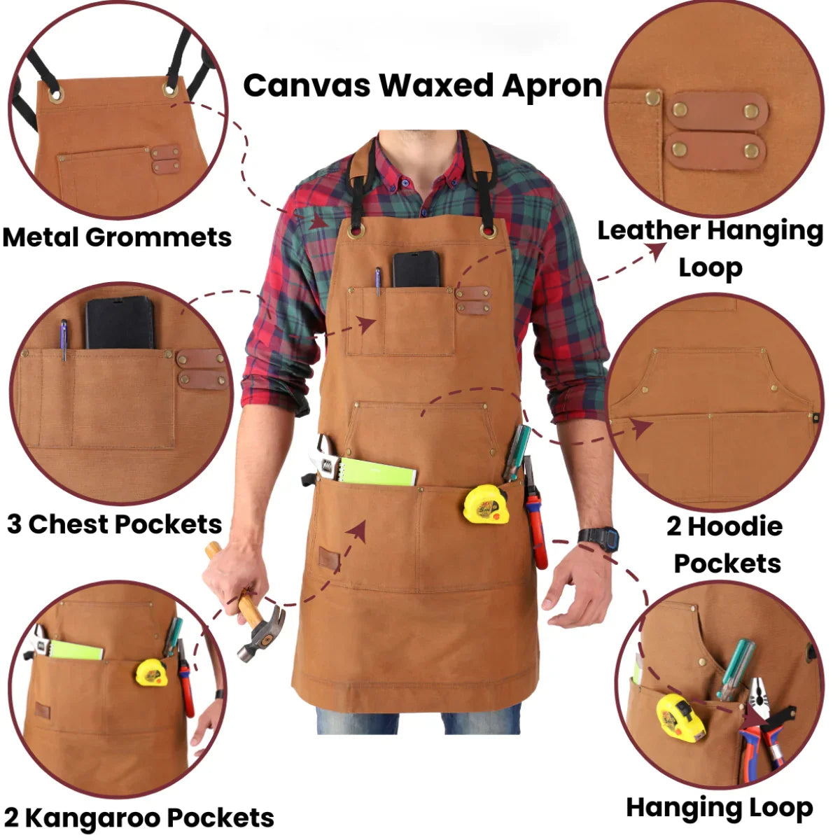 Work Apron Waxed Canvas Multiple Pockets Cross-Back Straps