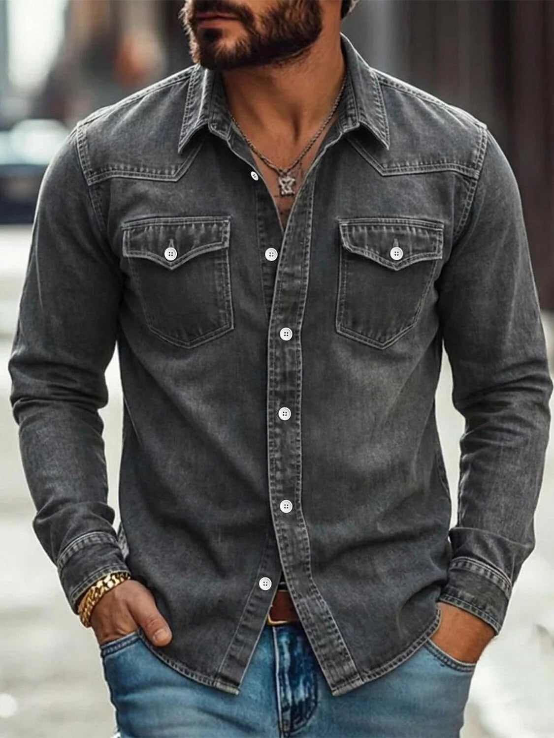 Work Shirt Washed Denim Cotton Blend Stretch