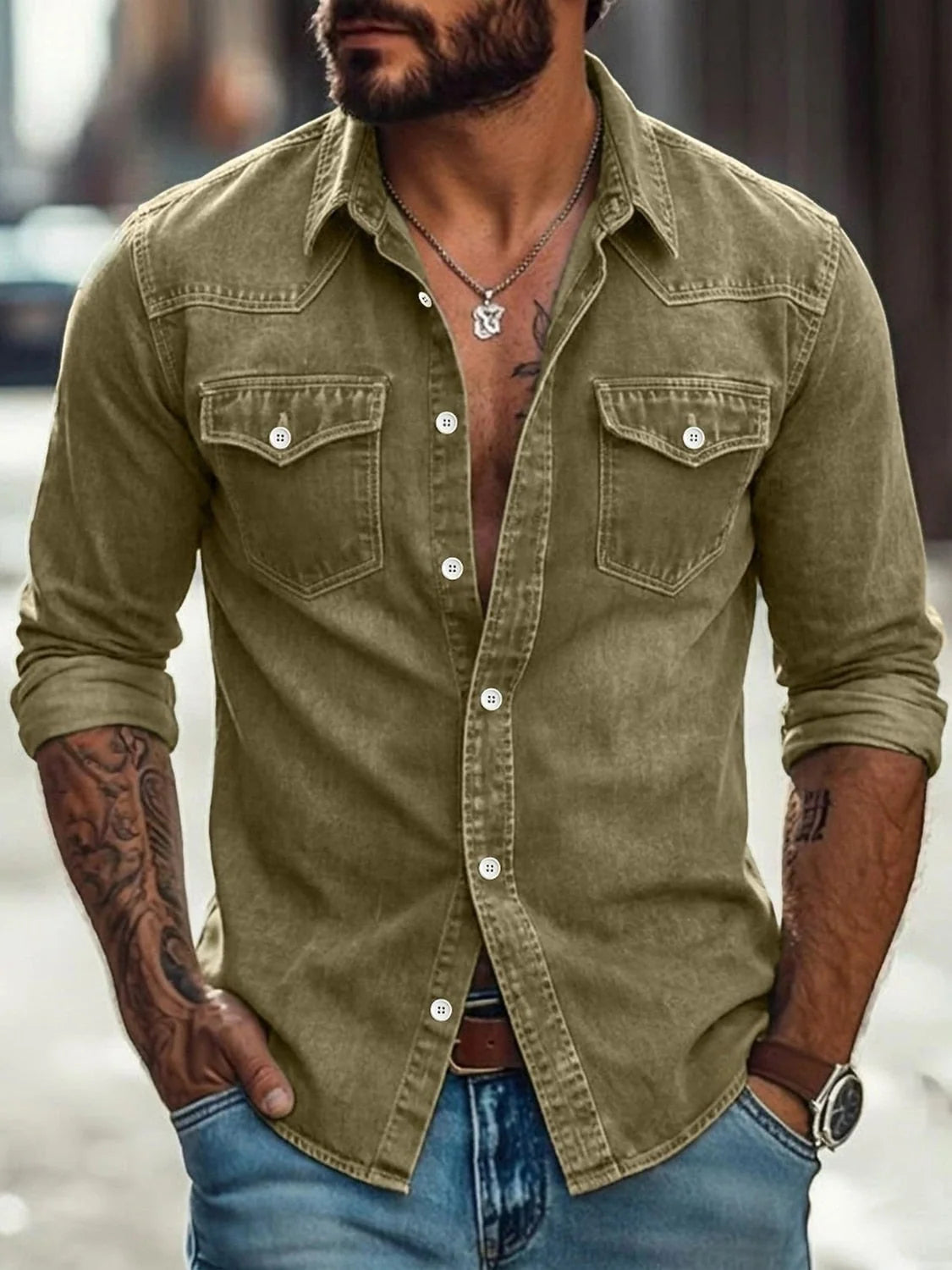 Work Shirt Washed Denim Cotton Blend Stretch