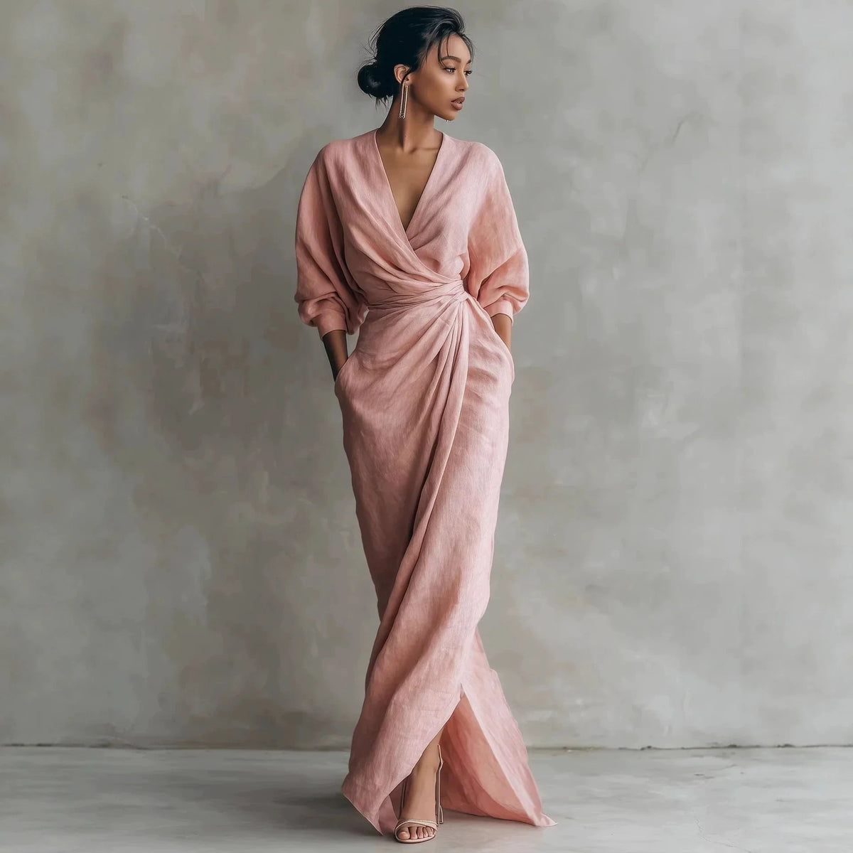 Wrap Maxi Dress Linen Blend Side Pockets Balloon Sleeves