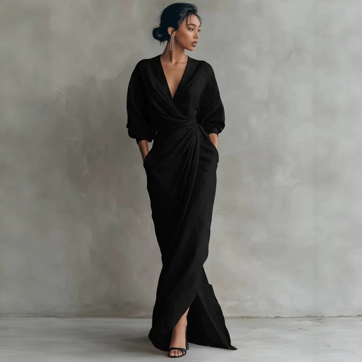 Wrap Maxi Dress Linen Blend Side Pockets Balloon Sleeves