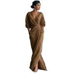 Wrap Maxi Dress Linen Blend Side Pockets Balloon Sleeves