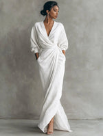 Wrap Maxi Dress Linen Blend Side Pockets Balloon Sleeves
