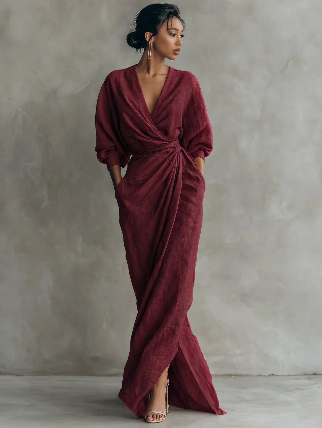 Wrap Maxi Dress Linen Blend Side Pockets Balloon Sleeves