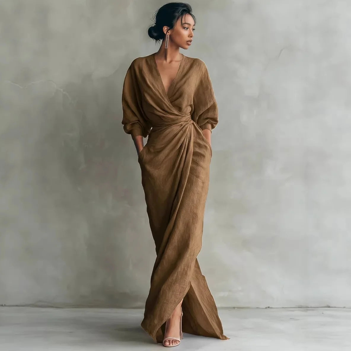 Wrap Maxi Dress Linen Blend Side Pockets Balloon Sleeves