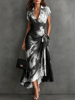 Wrap Midi Dress Abstract Print Tie Waist Ruffled Hem