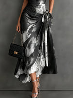 Wrap Midi Dress Abstract Print Tie Waist Ruffled Hem