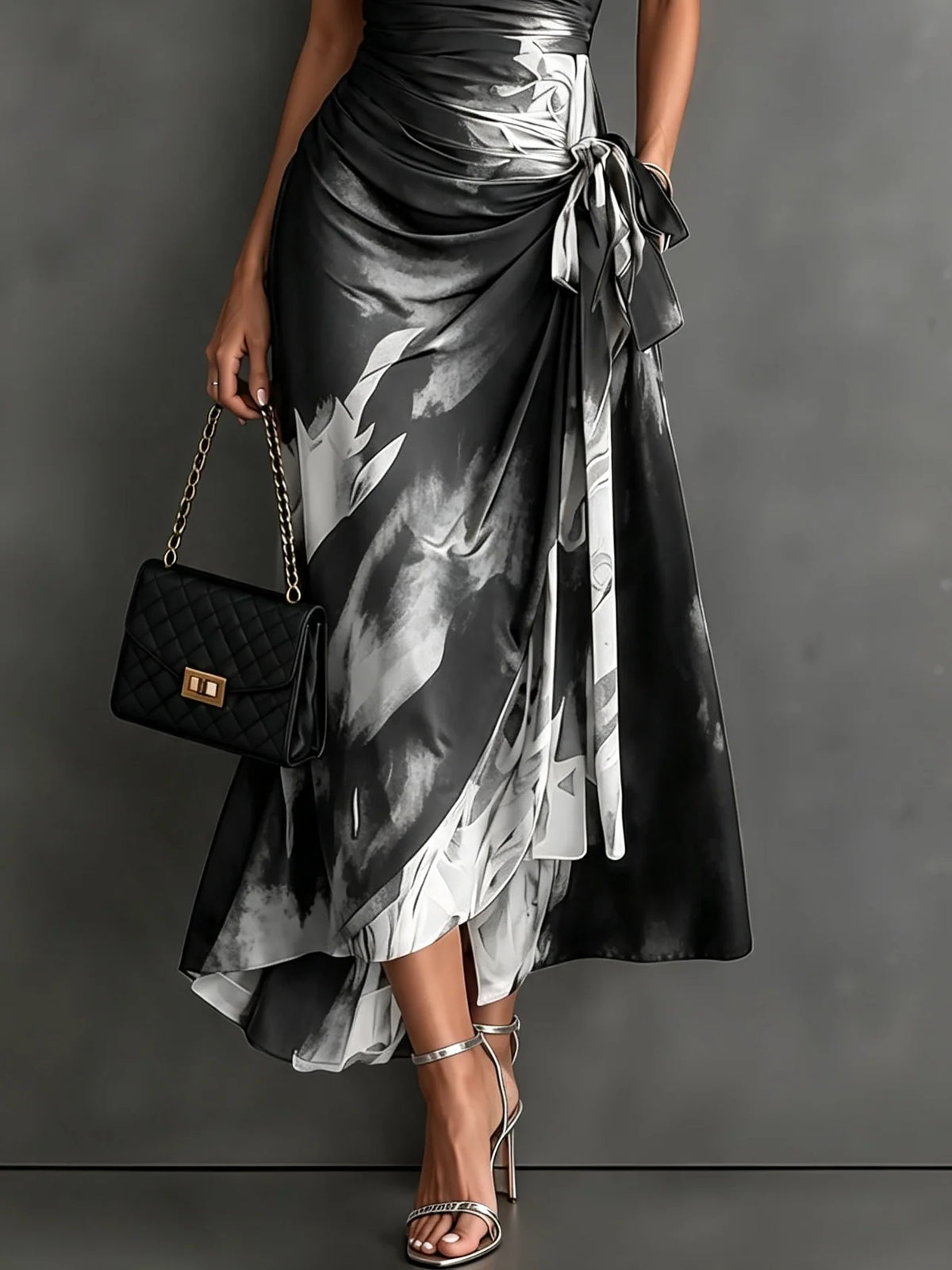Wrap Midi Dress Abstract Print Tie Waist Ruffled Hem