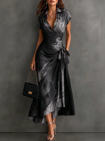 Wrap Midi Dress Abstract Print Tie Waist Ruffled Hem