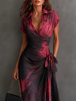 Wrap Midi Dress Abstract Print Tie Waist Ruffled Hem