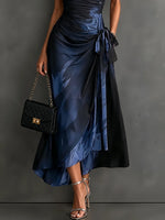 Wrap Midi Dress Abstract Print Tie Waist Ruffled Hem