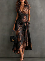 Wrap Midi Dress Abstract Print Tie Waist Ruffled Hem