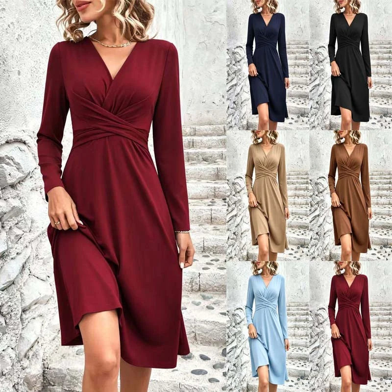 Wrap Midi Dress Stretch Jersey Long Sleeve
