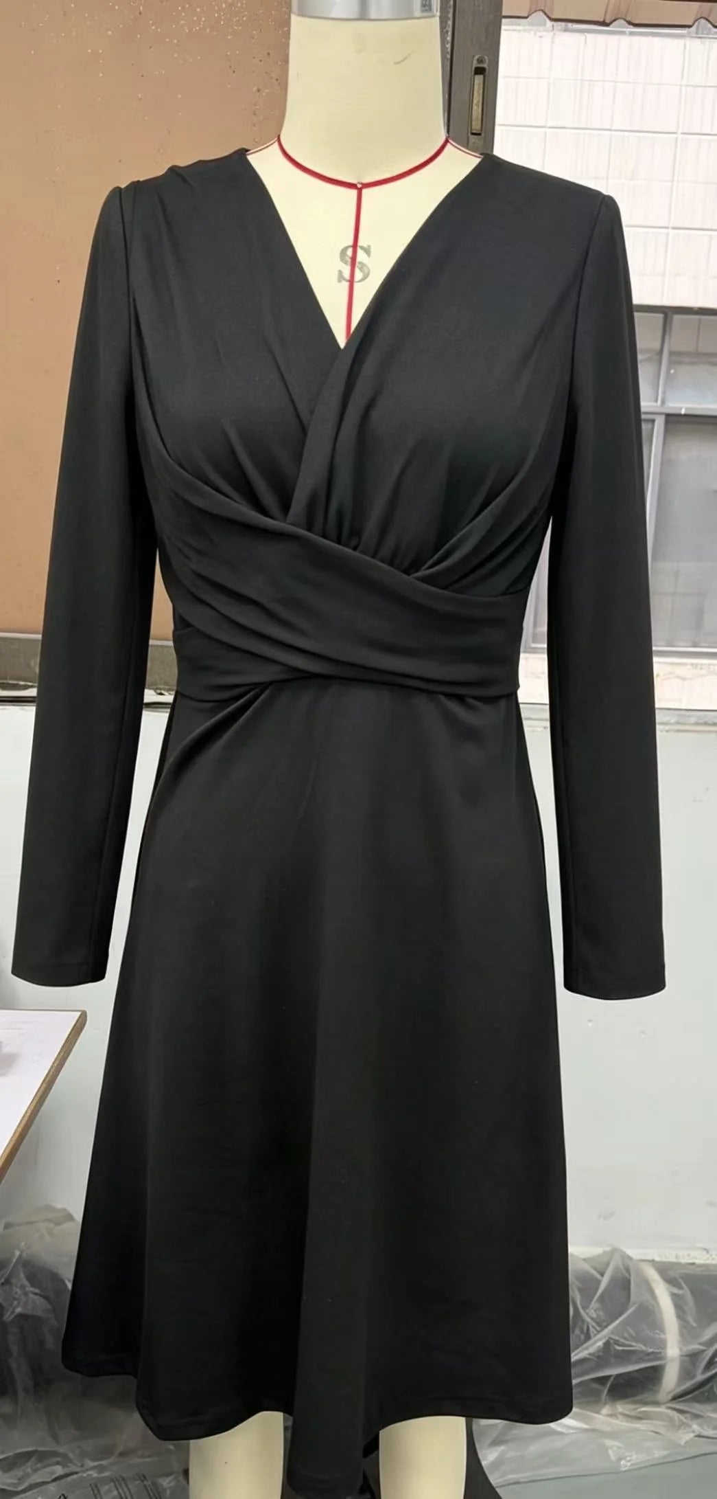 Wrap Midi Dress Stretch Jersey Long Sleeve