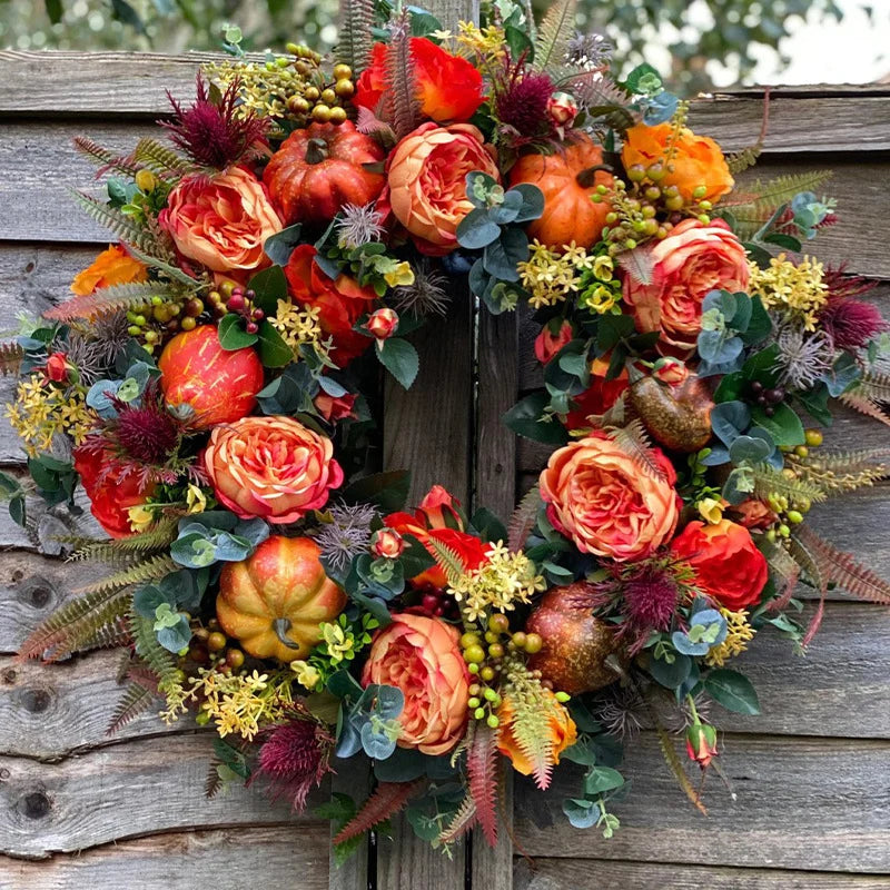 Wreath Artificial Roses Mini Pumpkins & Eucalyptus