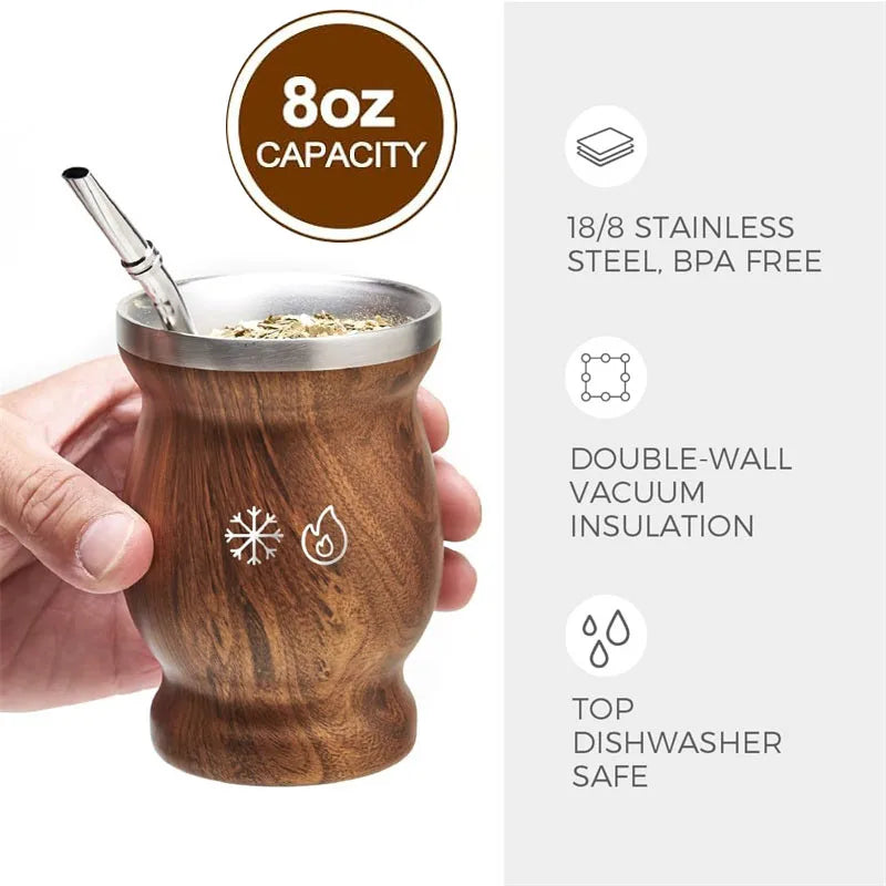 Yerba Mate Cup Insulated Stainless Steel 8oz Woodgrain Finish