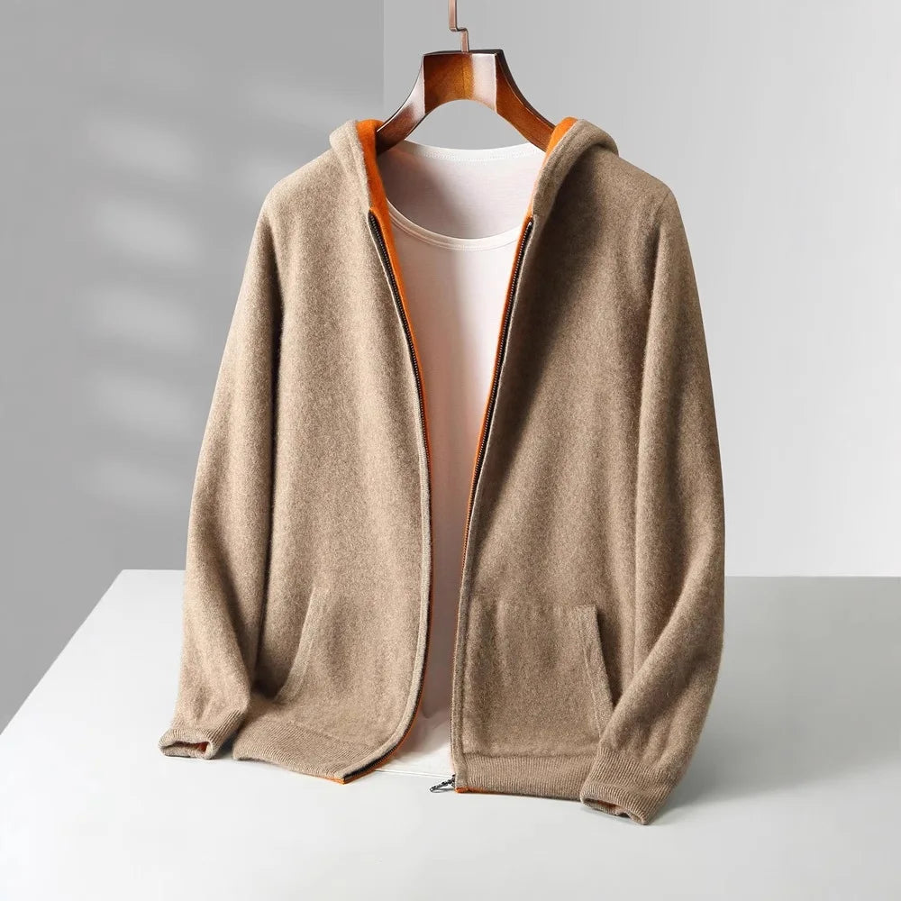 Zip Jacket Reversible Cashmere Wool Blend With Hood