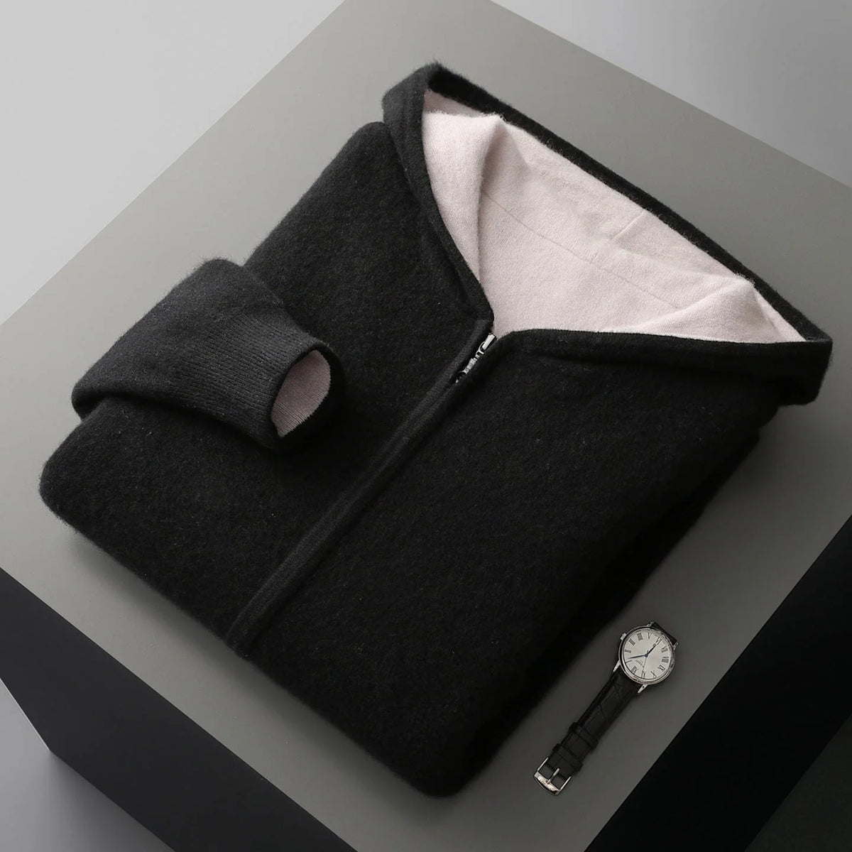 Zip Jacket Reversible Cashmere Wool Blend With Hood