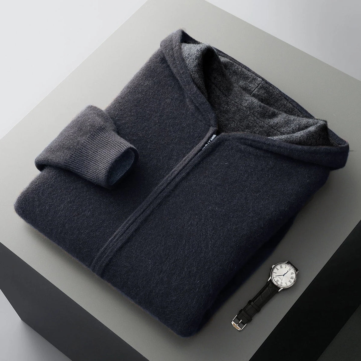 Zip Jacket Reversible Cashmere Wool Blend With Hood