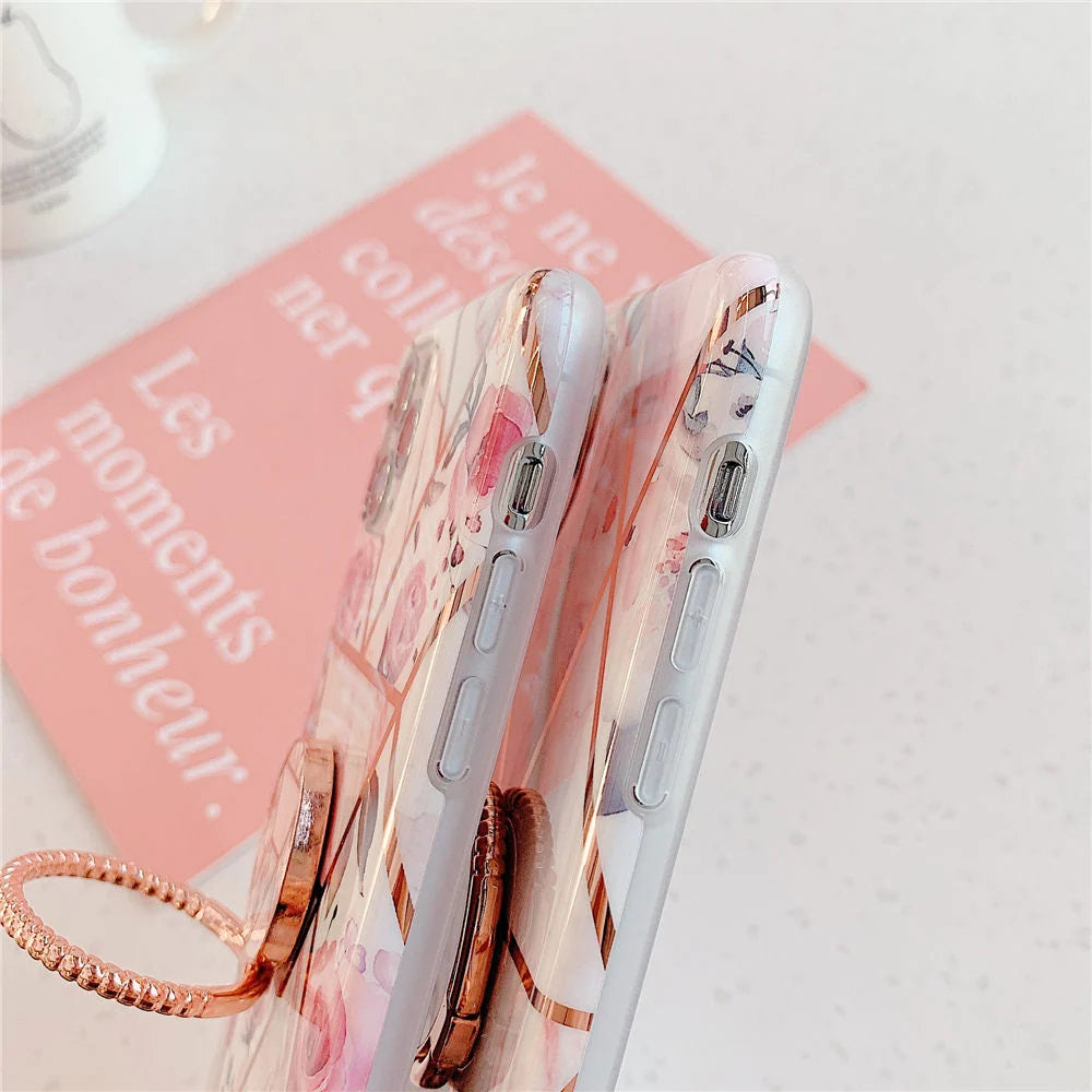 iPhone Case Marble Pattern Built-In Finger Ring Holder Soft TPU