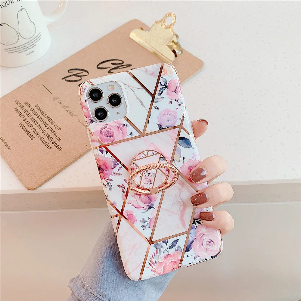 iPhone Case Marble Pattern Built-In Finger Ring Holder Soft TPU