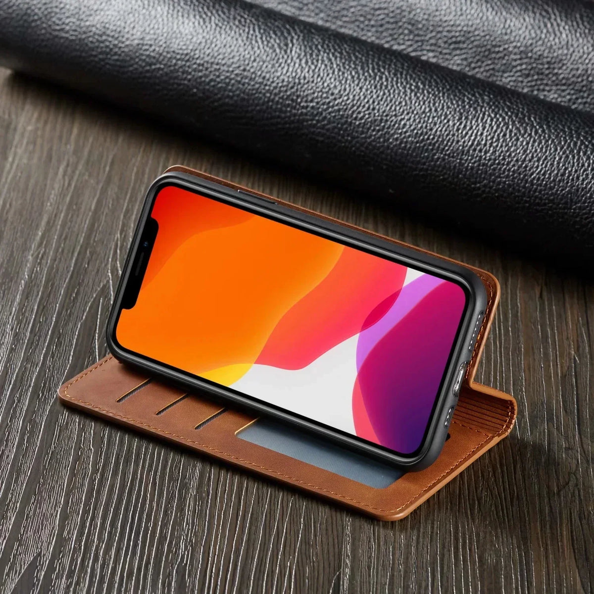 iPhone Wallet Case Magnetic Closure Foldable Stand 3 Card Slots