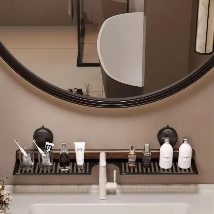 Wall Shelf with Walnut Finish and Powerful Suction Cup – Drill-Free Storage for Bathroom & Kitchen