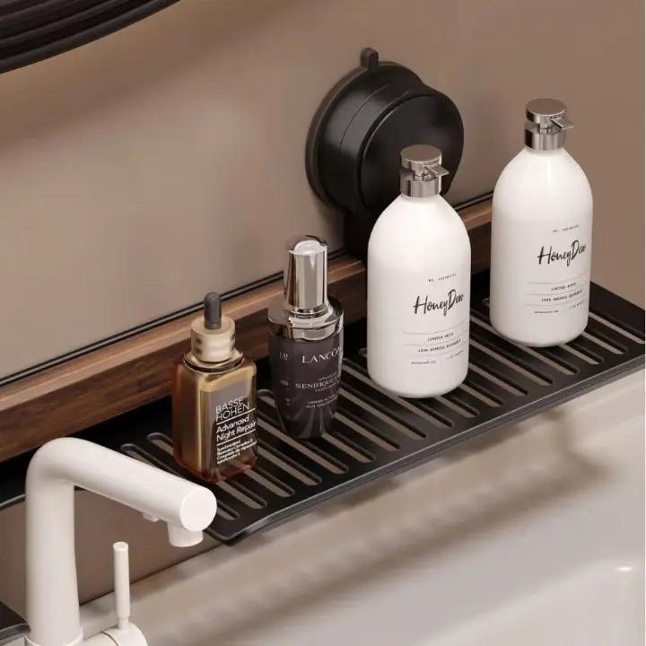 Wall Shelf with Walnut Finish and Powerful Suction Cup – Drill-Free Storage for Bathroom & Kitchen