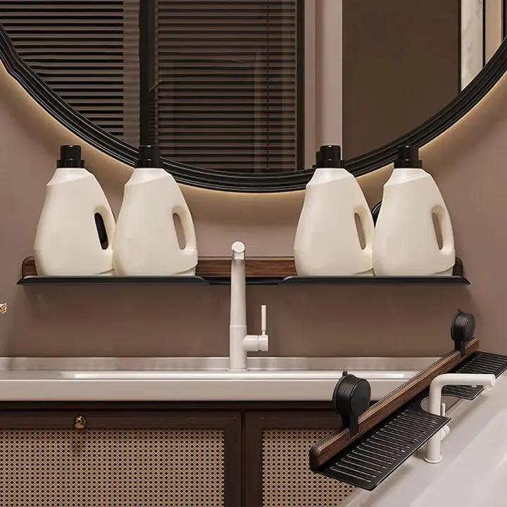 Wall Shelf with Walnut Finish and Powerful Suction Cup – Drill-Free Storage for Bathroom & Kitchen