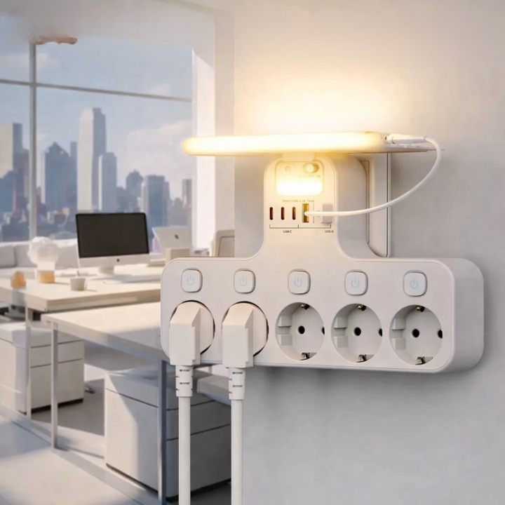 Wandsteckdosenleiste mit USB-Ladeanschlüssen und Nachtlicht